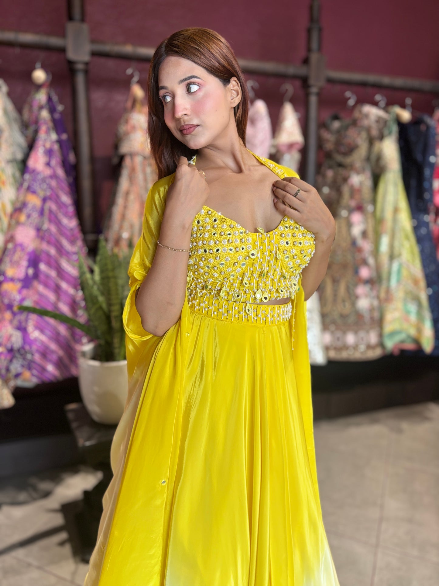 Yellow Ombre Designer Lehenga with Mirror Work Blouse & Dupatta