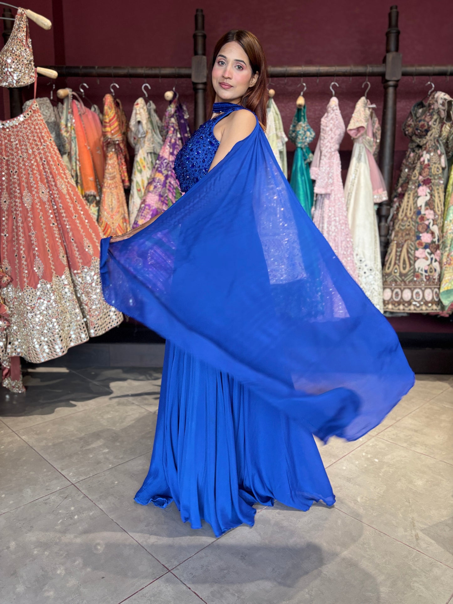 Royal Blue Sequins Designer Lehenga Set with Halter Neck Blouse