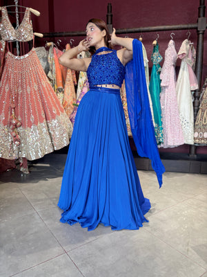 Royal Blue Sequins Designer Lehenga Set with Halter Neck Blouse