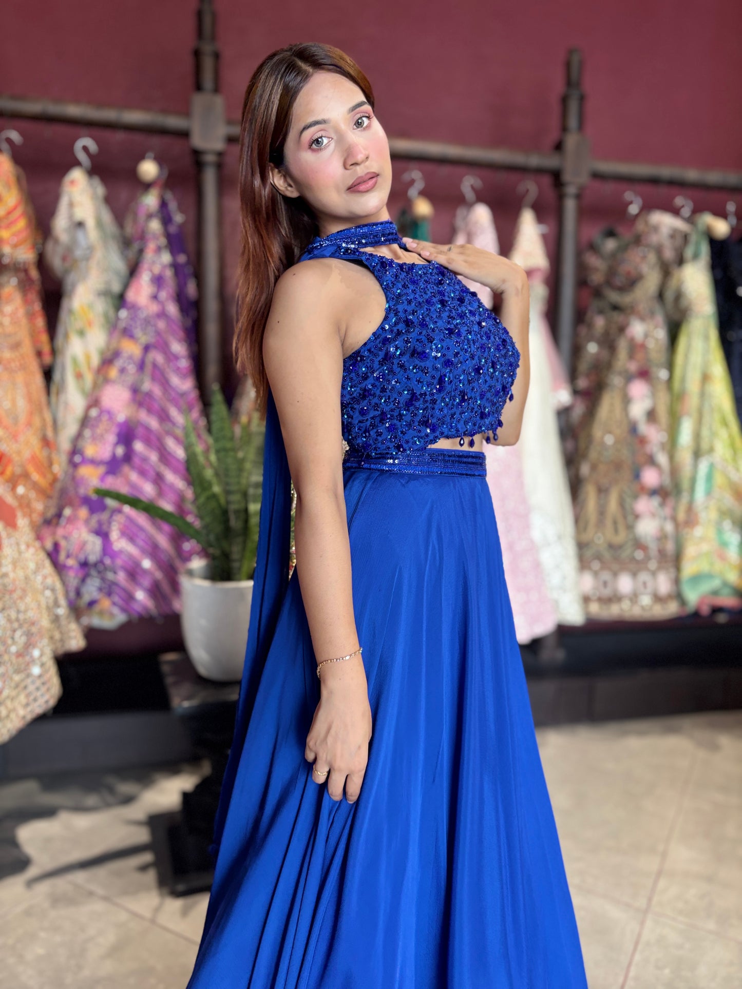 Royal Blue Sequins Designer Lehenga Set with Halter Neck Blouse