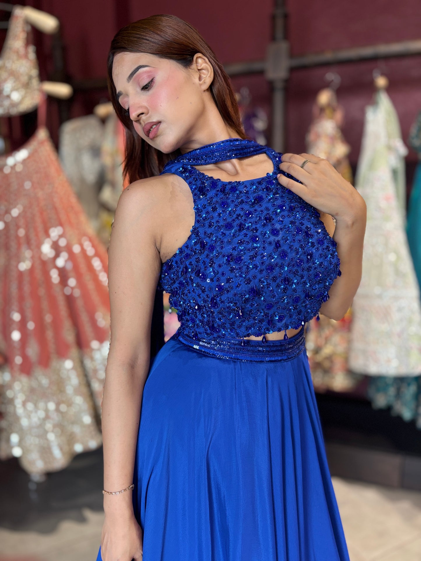Royal Blue Sequins Designer Lehenga Set with Halter Neck Blouse