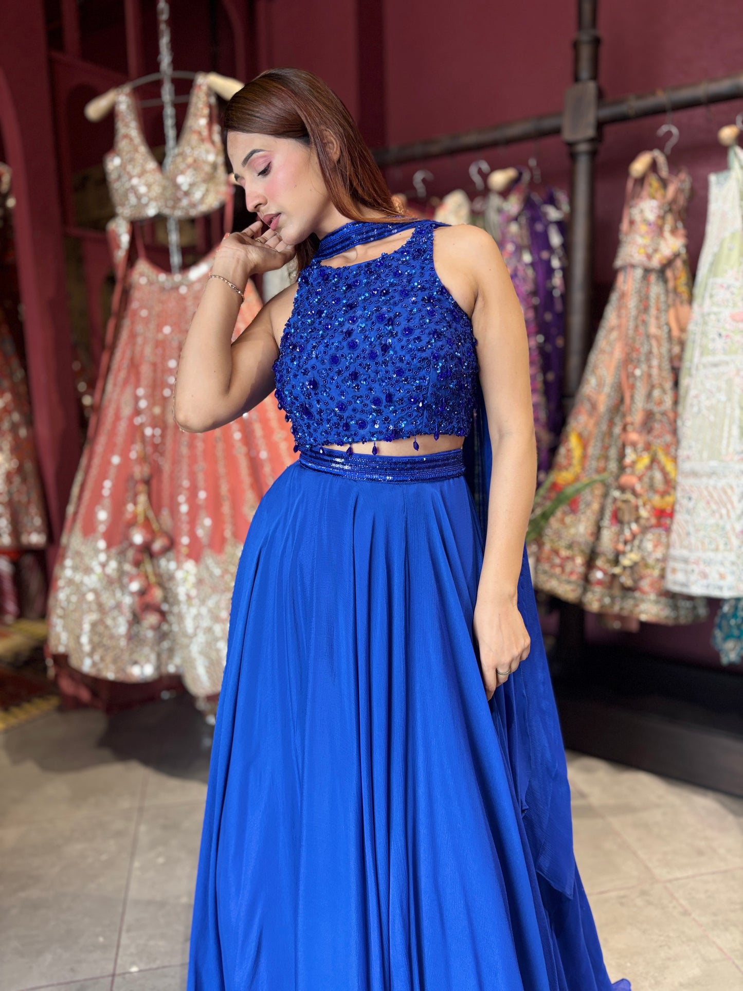 Royal Blue Sequins Designer Lehenga Set with Halter Neck Blouse