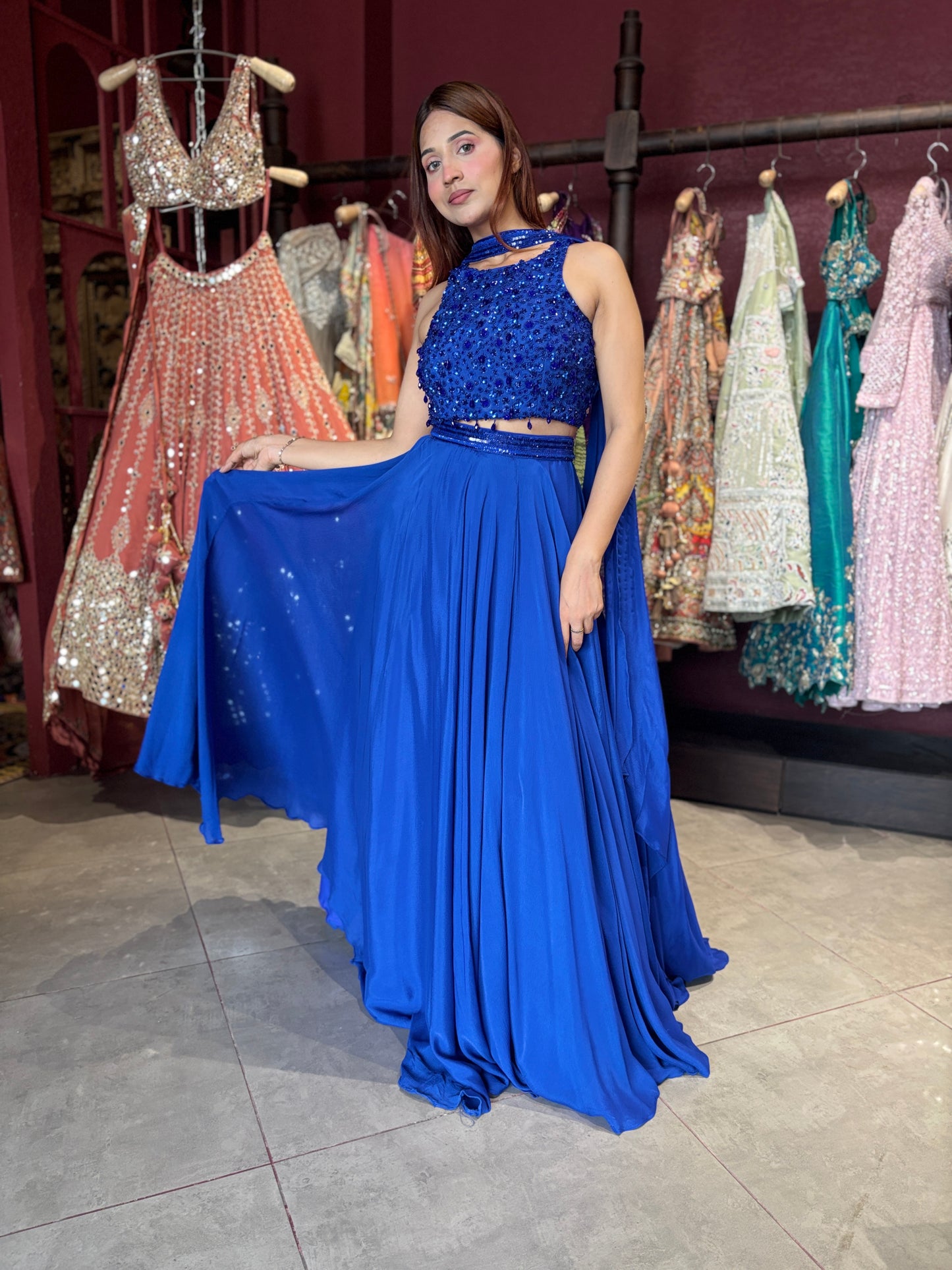 Royal Blue Sequins Designer Lehenga Set with Halter Neck Blouse