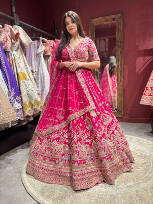 Rani Pink Silk Bridal Lehenga Choli with Sequins & Thread Work