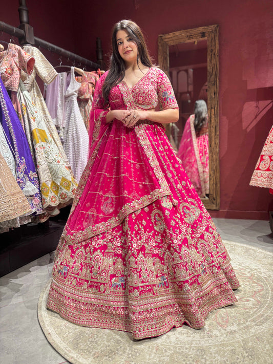 Rani Pink Silk Bridal Lehenga Choli with Sequins & Thread Work