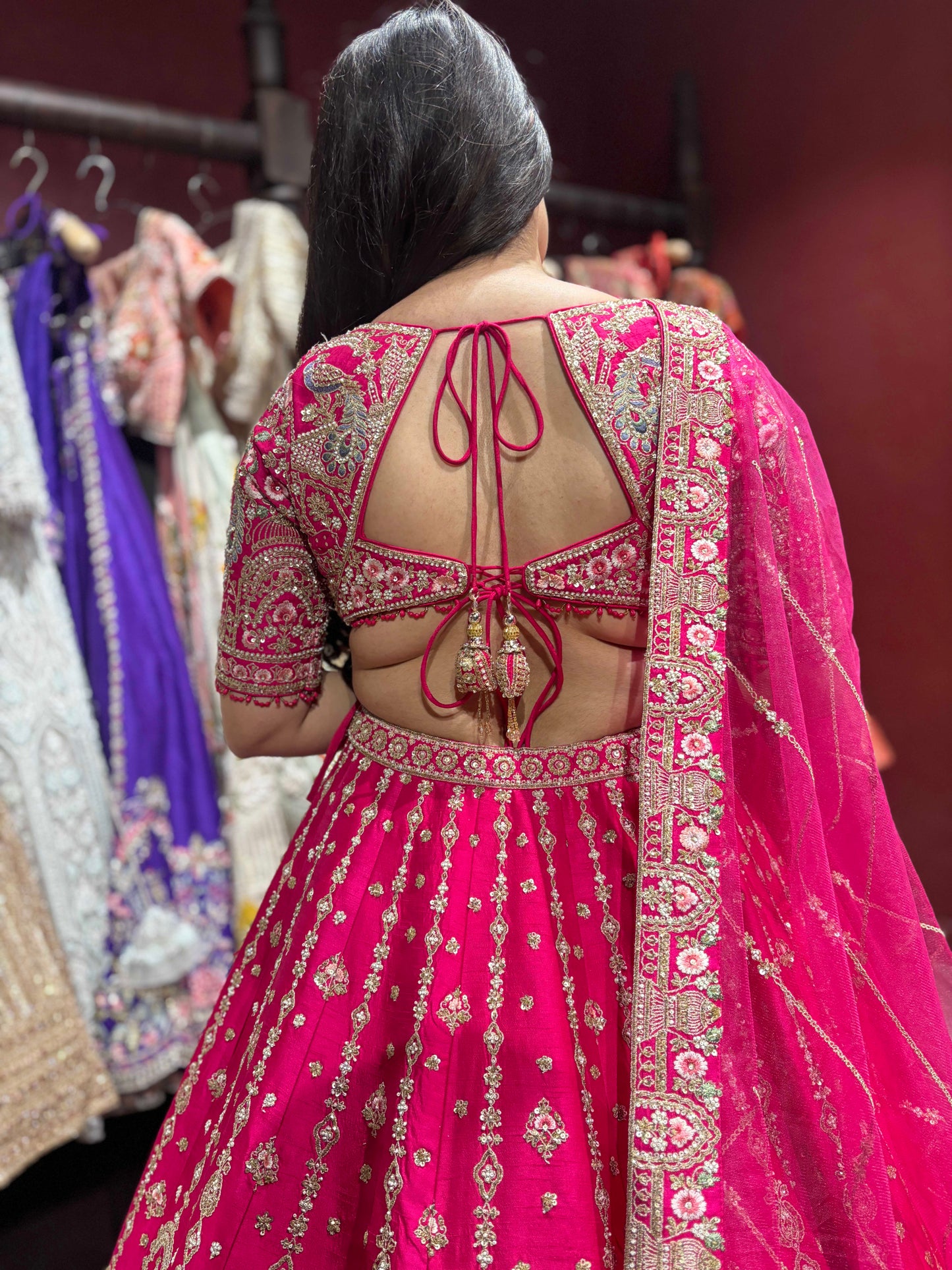 Rani Pink Silk Bridal Lehenga Choli with Sequins & Thread Work