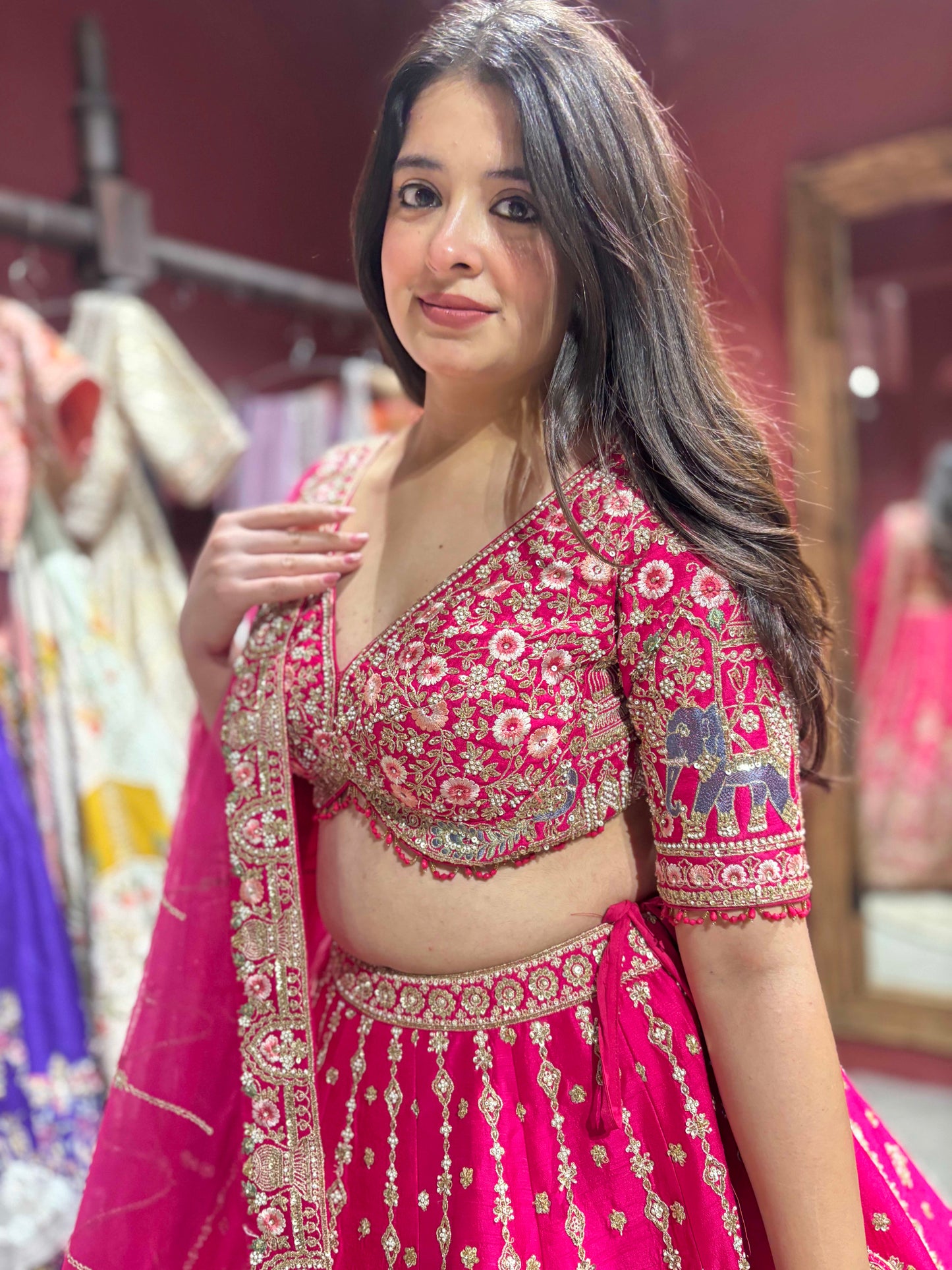 Rani Pink Silk Bridal Lehenga Choli with Sequins & Thread Work