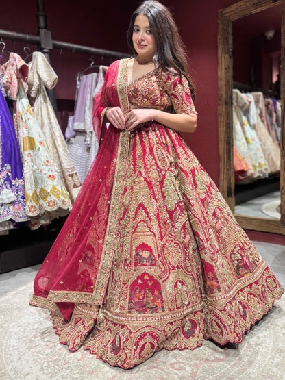 Red Bridal Lehenga Choli with Heavy Gold Zari & Traditional Work