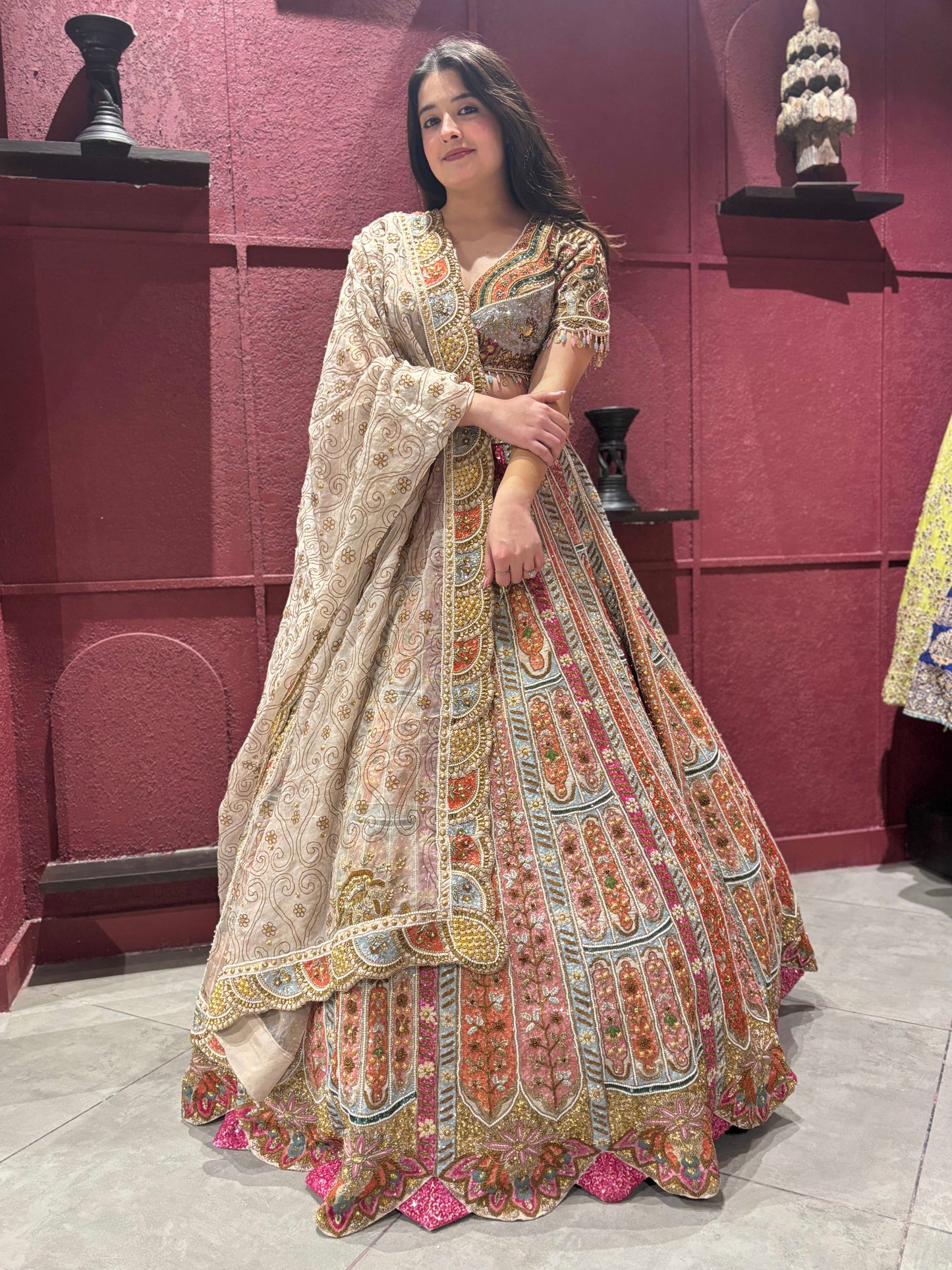 Designer Lehenga with Heavy Sequins & Thread and Beige Dupatta