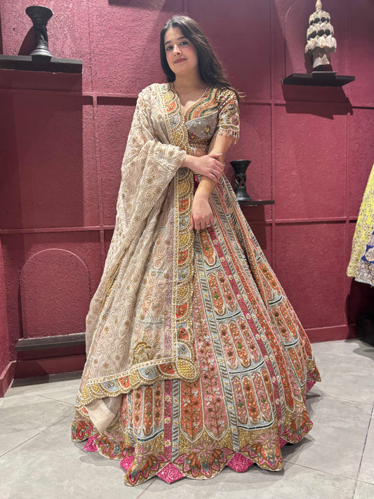 Designer Lehenga with Heavy Sequins & Thread and Beige Dupatta