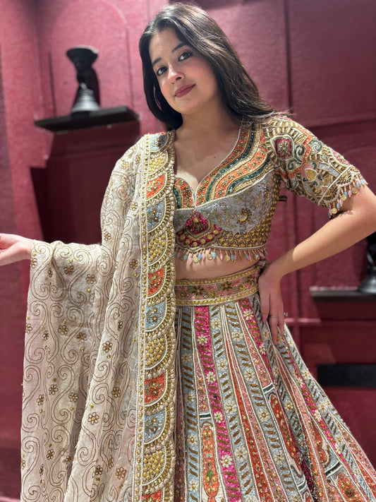 Designer Lehenga with Heavy Sequins & Thread and Beige Dupatta