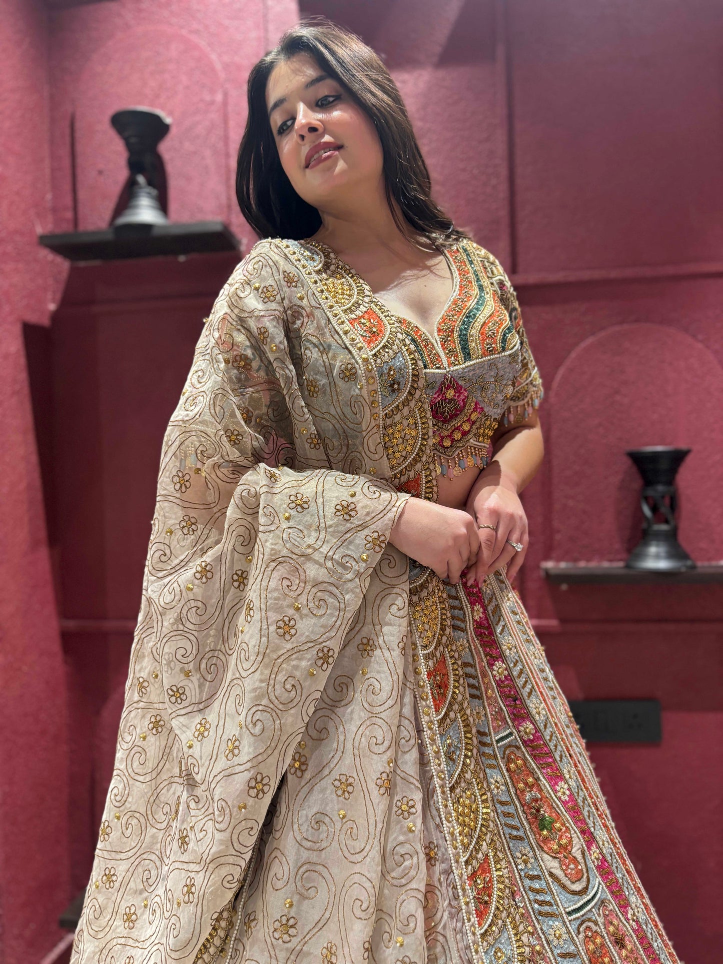 Designer Lehenga with Heavy Sequins & Thread and Beige Dupatta