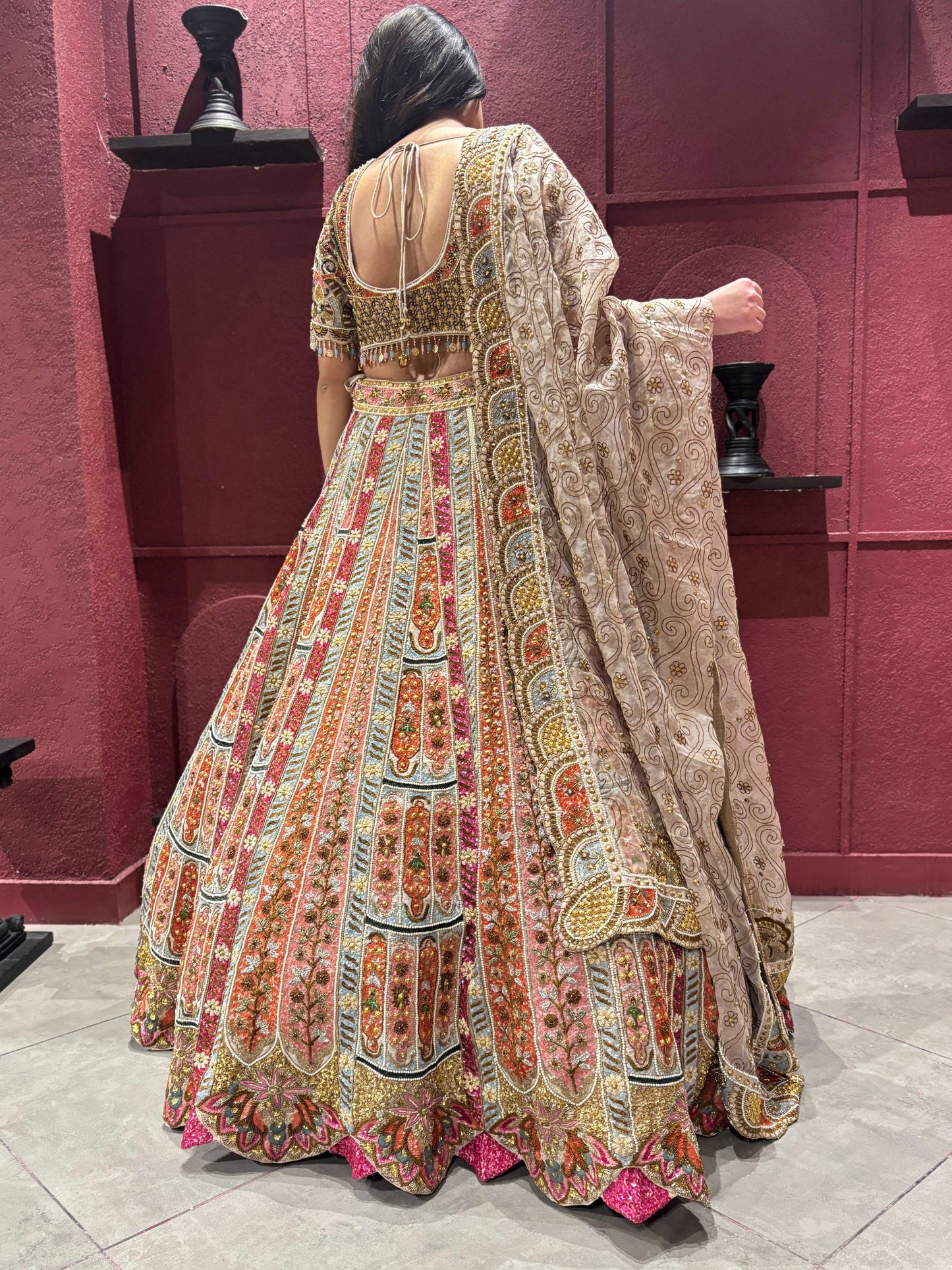 Designer Lehenga with Heavy Sequins & Thread and Beige Dupatta