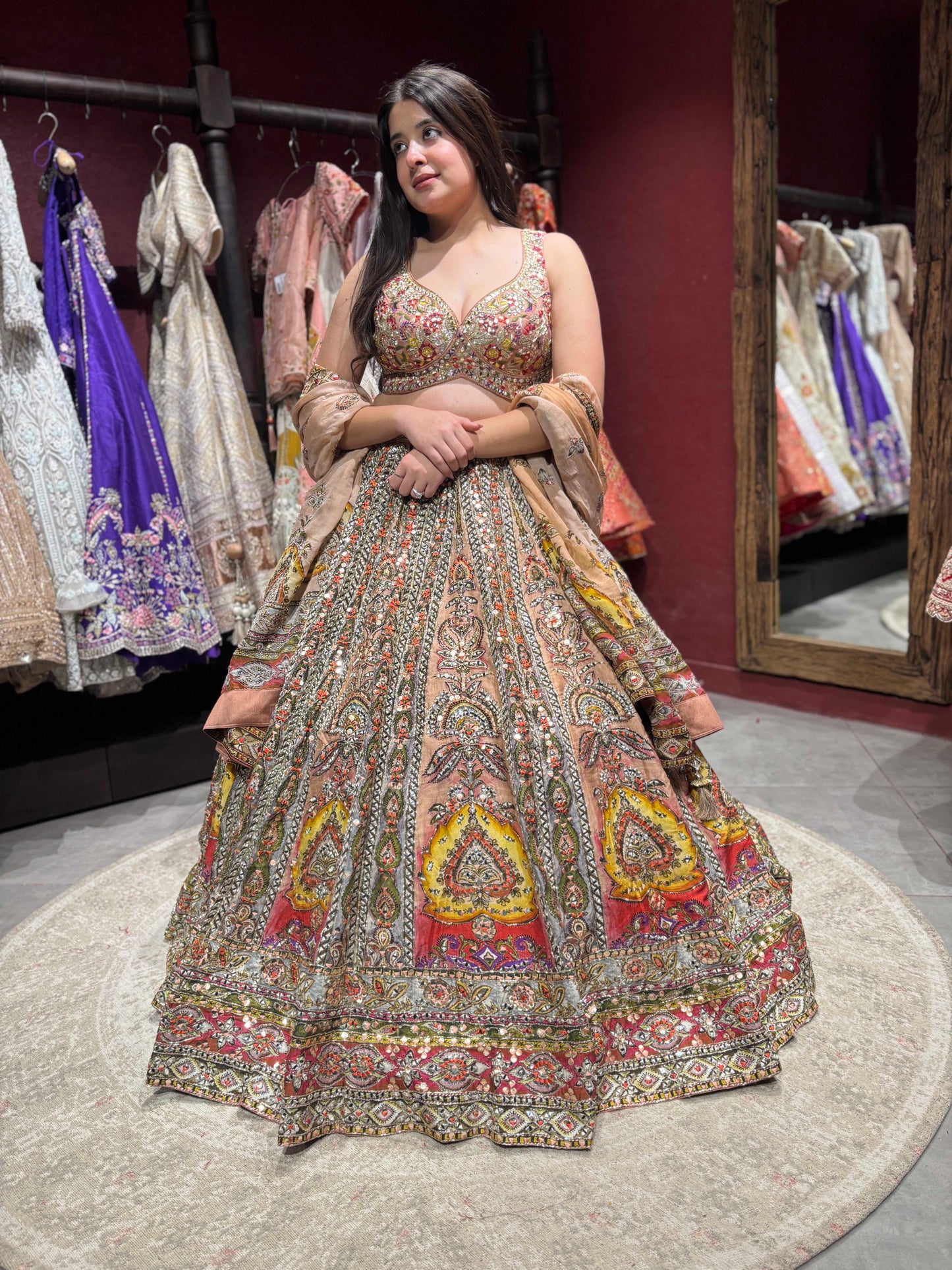 Multicolour Silk Lehenga Choli with Heavy Sequins & Thread Work