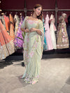 Sage Green Floral Embroidered Designer Saree with Matching Blouse
