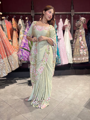 Sage Green Floral Embroidered Designer Saree with Matching Blouse