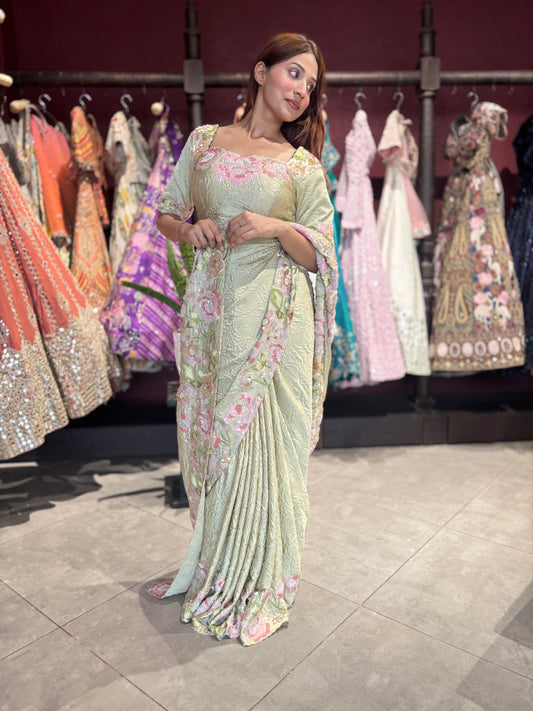 Sage Green Floral Embroidered Designer Saree with Matching Blouse