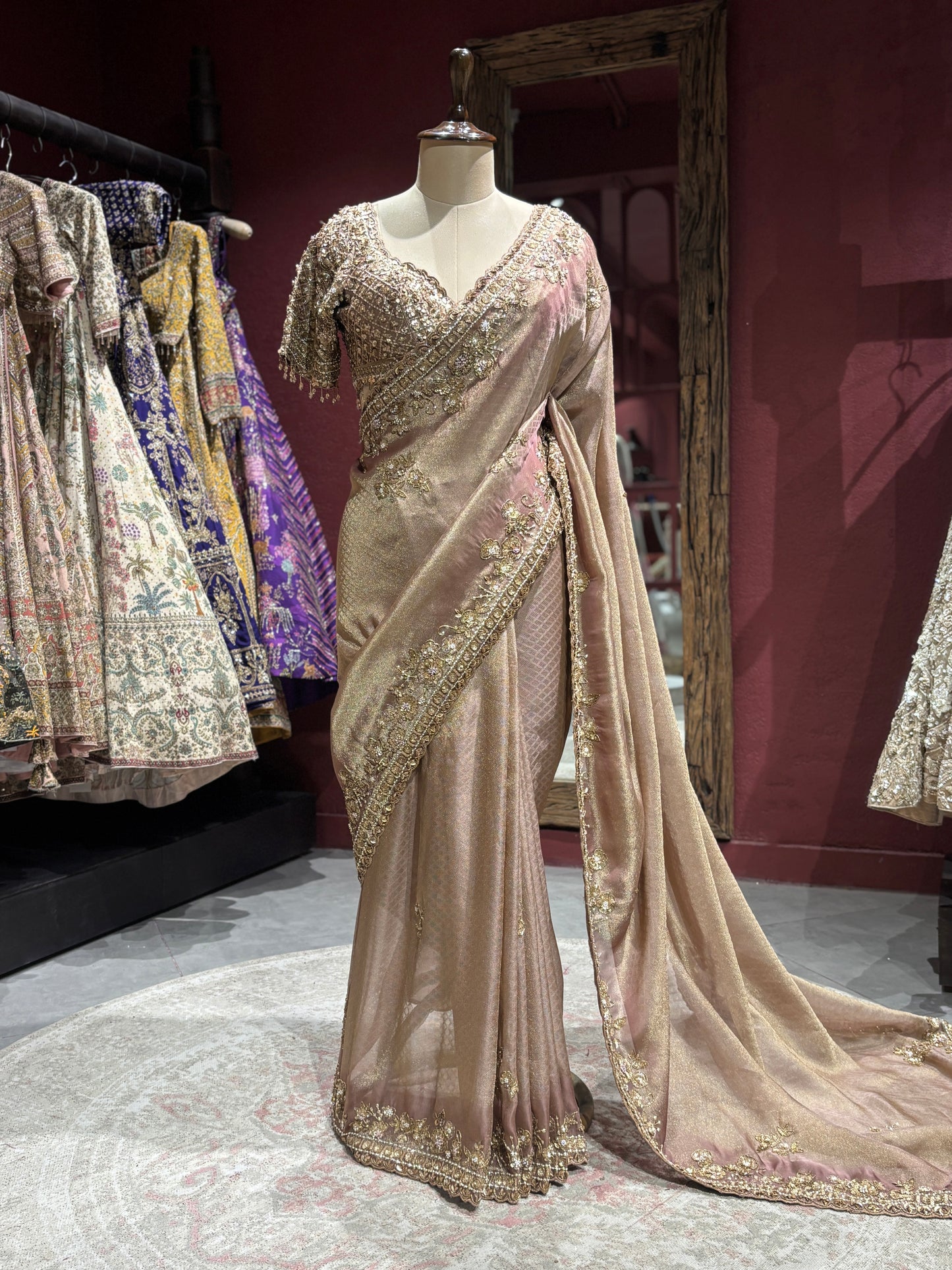 Elegant Golden Beige Designer Saree with Hand Embroidery & Sequin Work