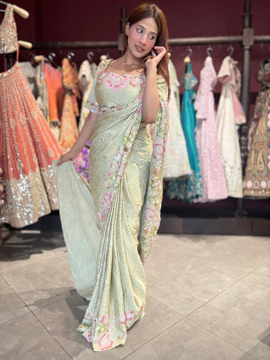 Sage Green Floral Embroidered Designer Saree with Matching Blouse