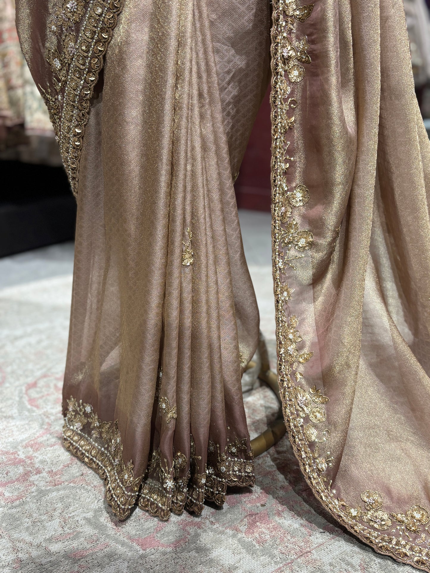 Elegant Golden Beige Designer Saree with Hand Embroidery & Sequin Work