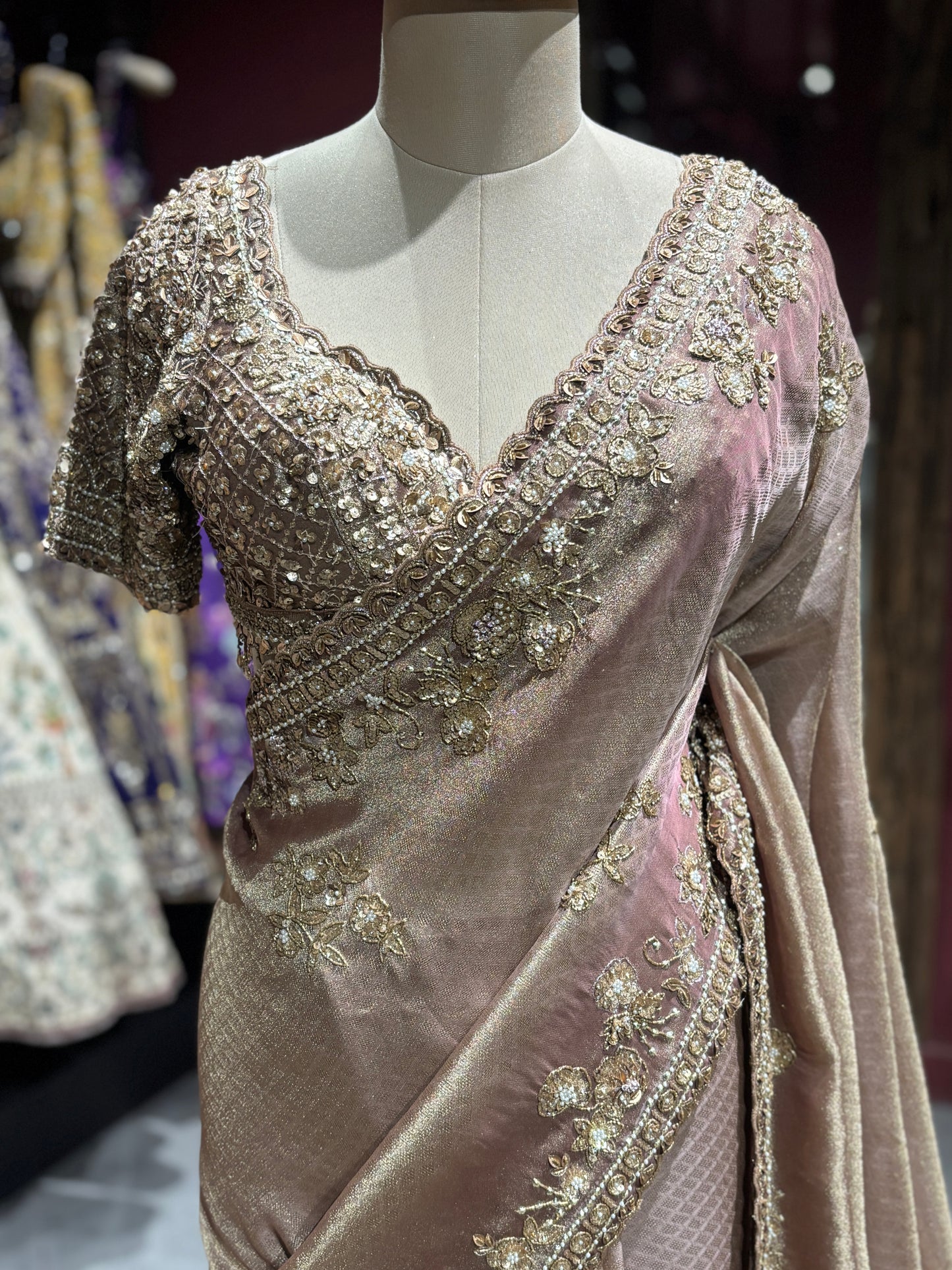 Elegant Golden Beige Designer Saree with Hand Embroidery & Sequin Work