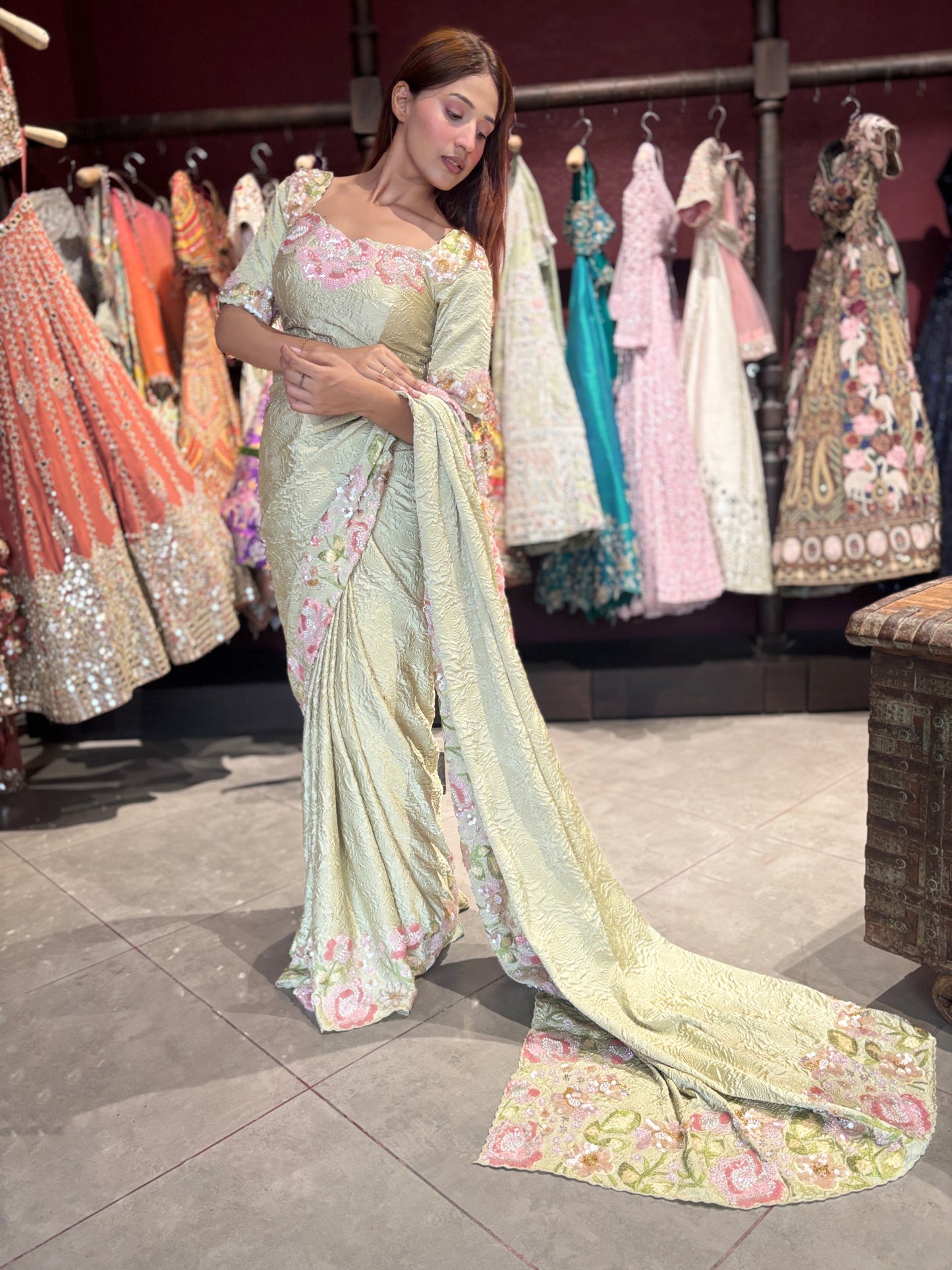 Sage Green Floral Embroidered Designer Saree with Matching Blouse