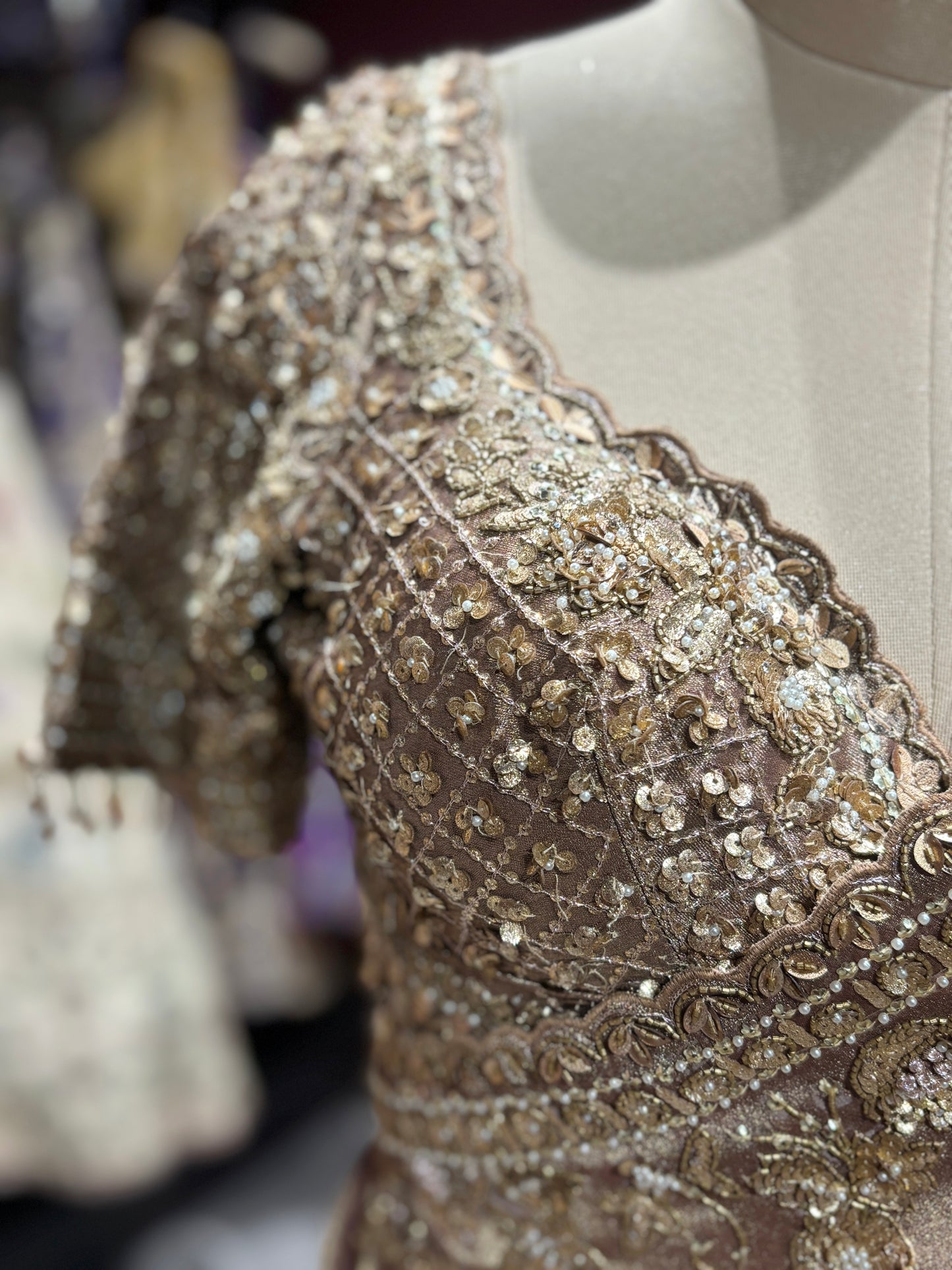 Elegant Golden Beige Designer Saree with Hand Embroidery & Sequin Work