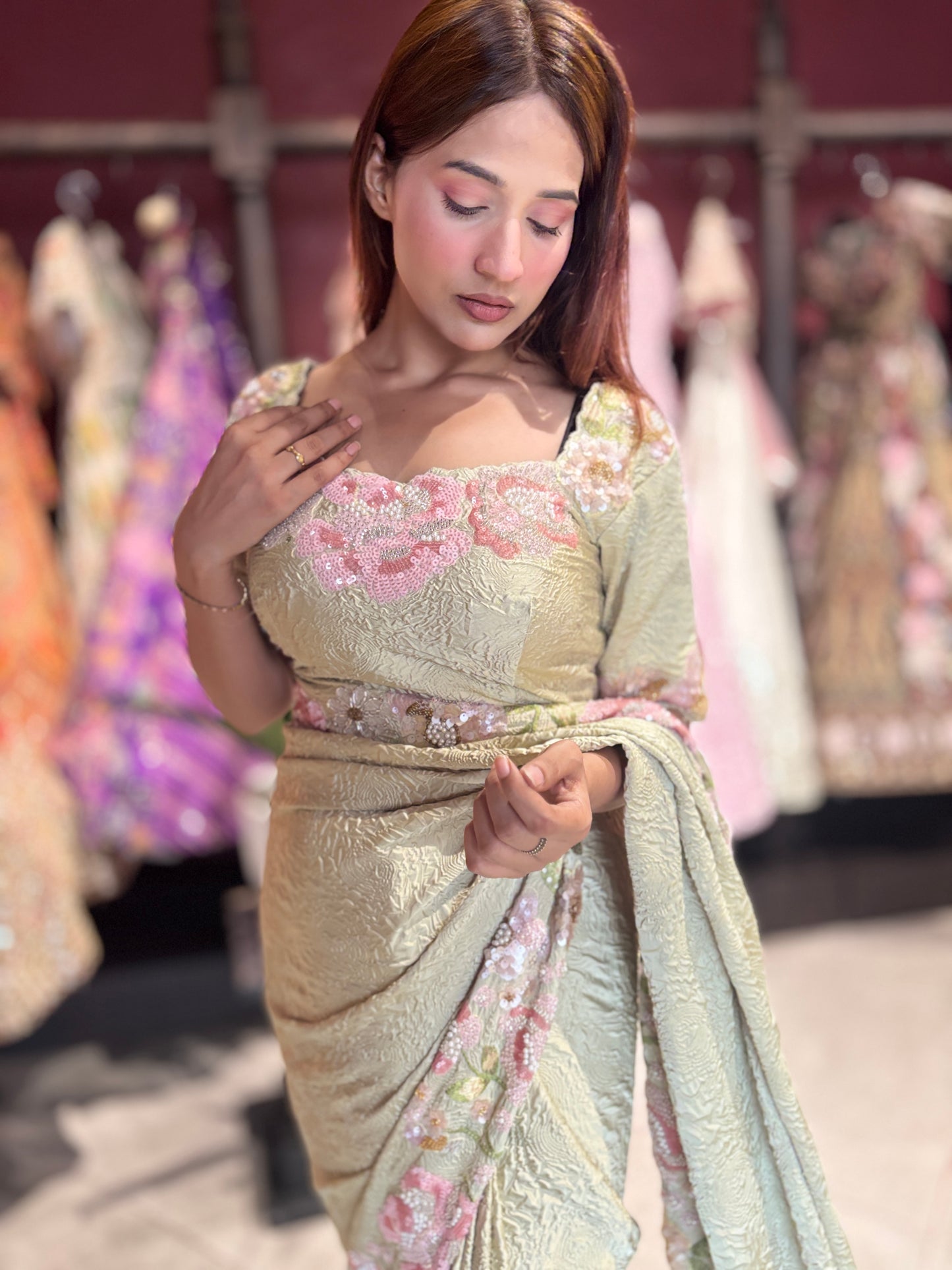 Sage Green Floral Embroidered Designer Saree with Matching Blouse