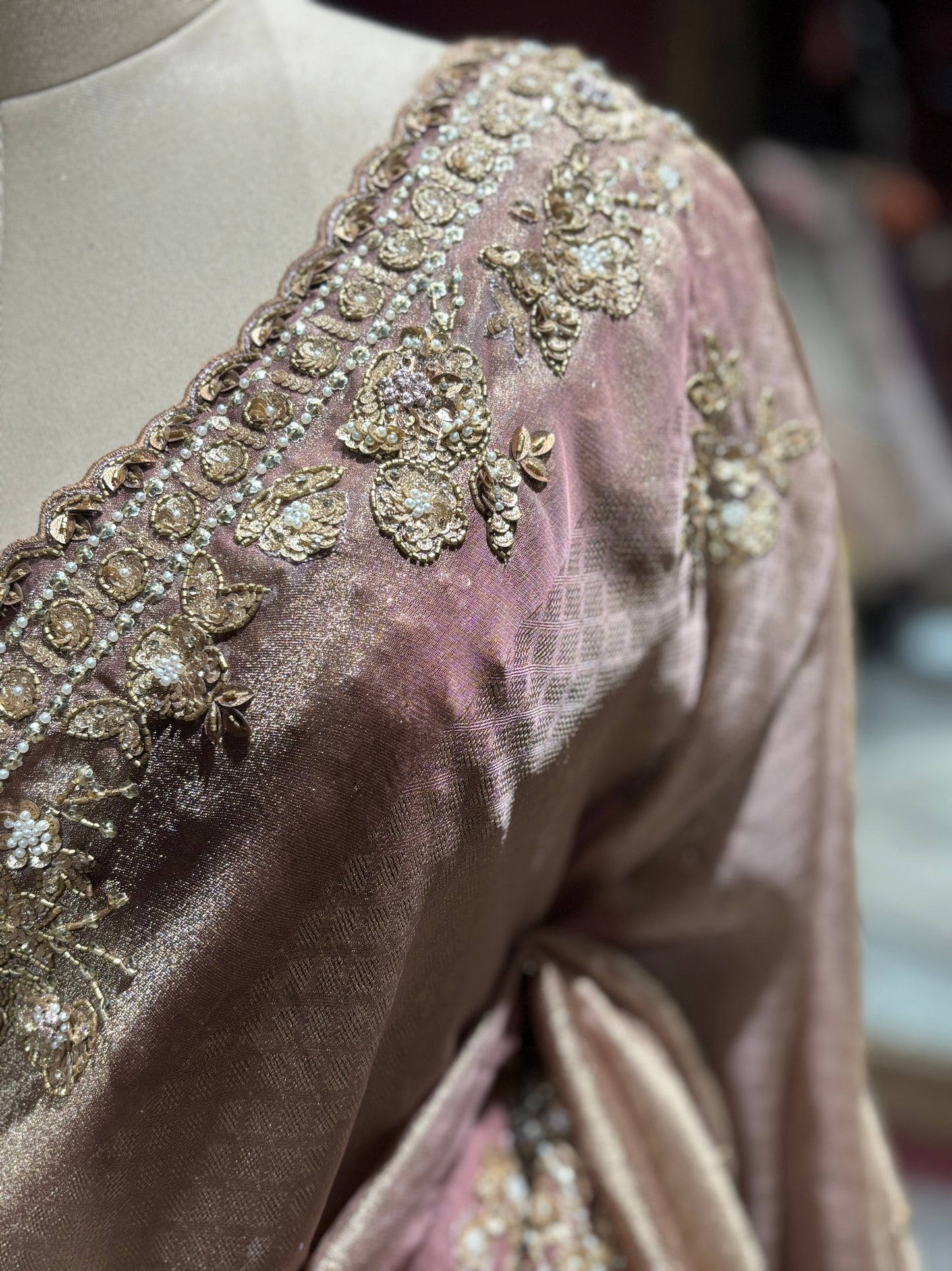 Elegant Golden Beige Designer Saree with Hand Embroidery & Sequin Work