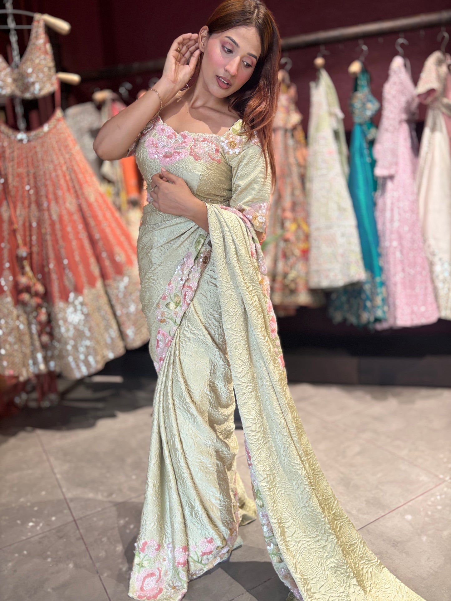 Sage Green Floral Embroidered Designer Saree with Matching Blouse