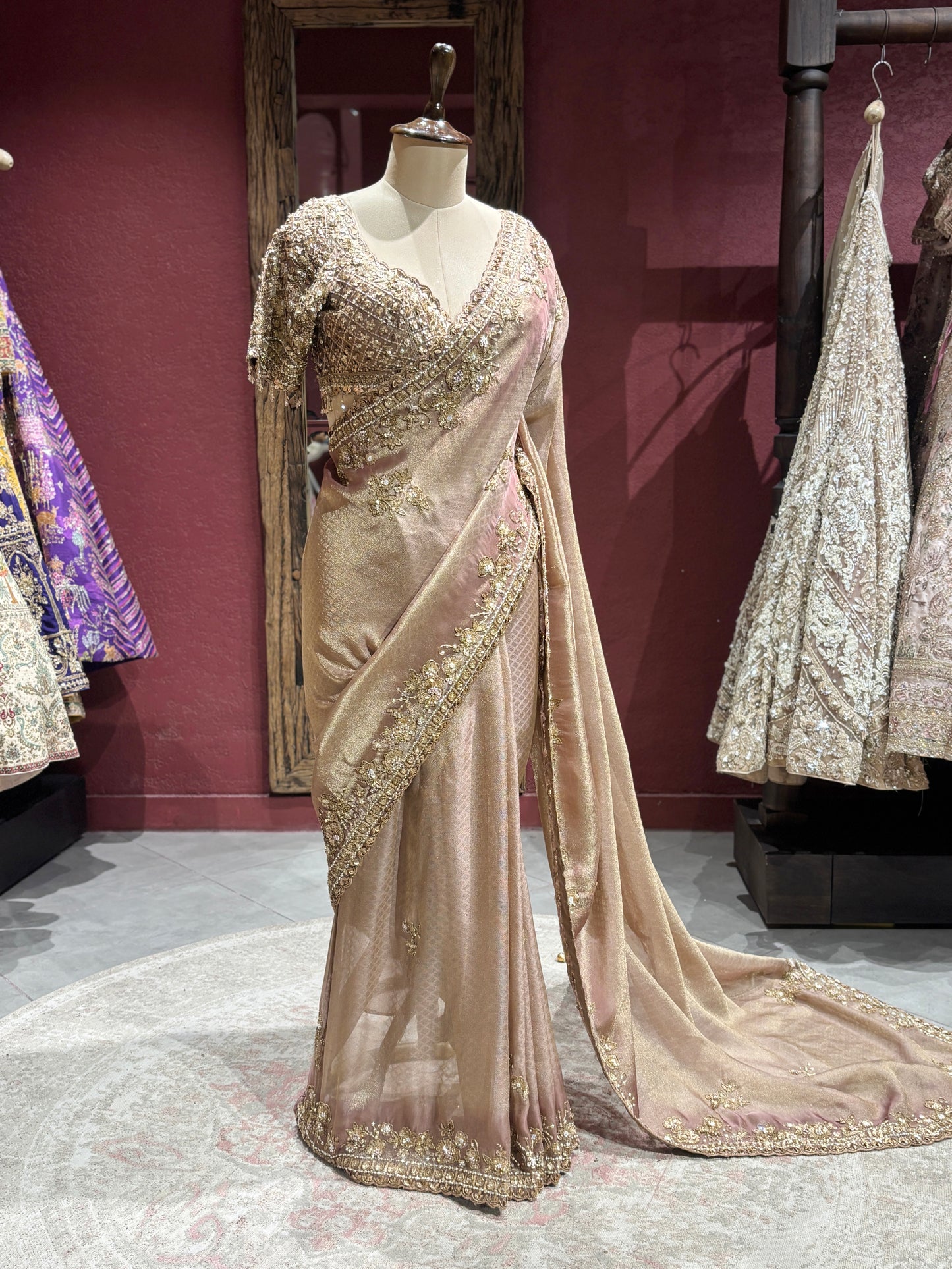 Elegant Golden Beige Designer Saree with Hand Embroidery & Sequin Work