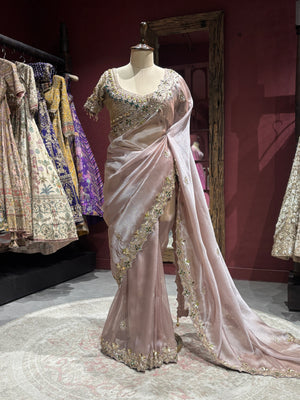 Elegant Blush Pink Designer Saree with Hand Embroidery & Stone Work Border