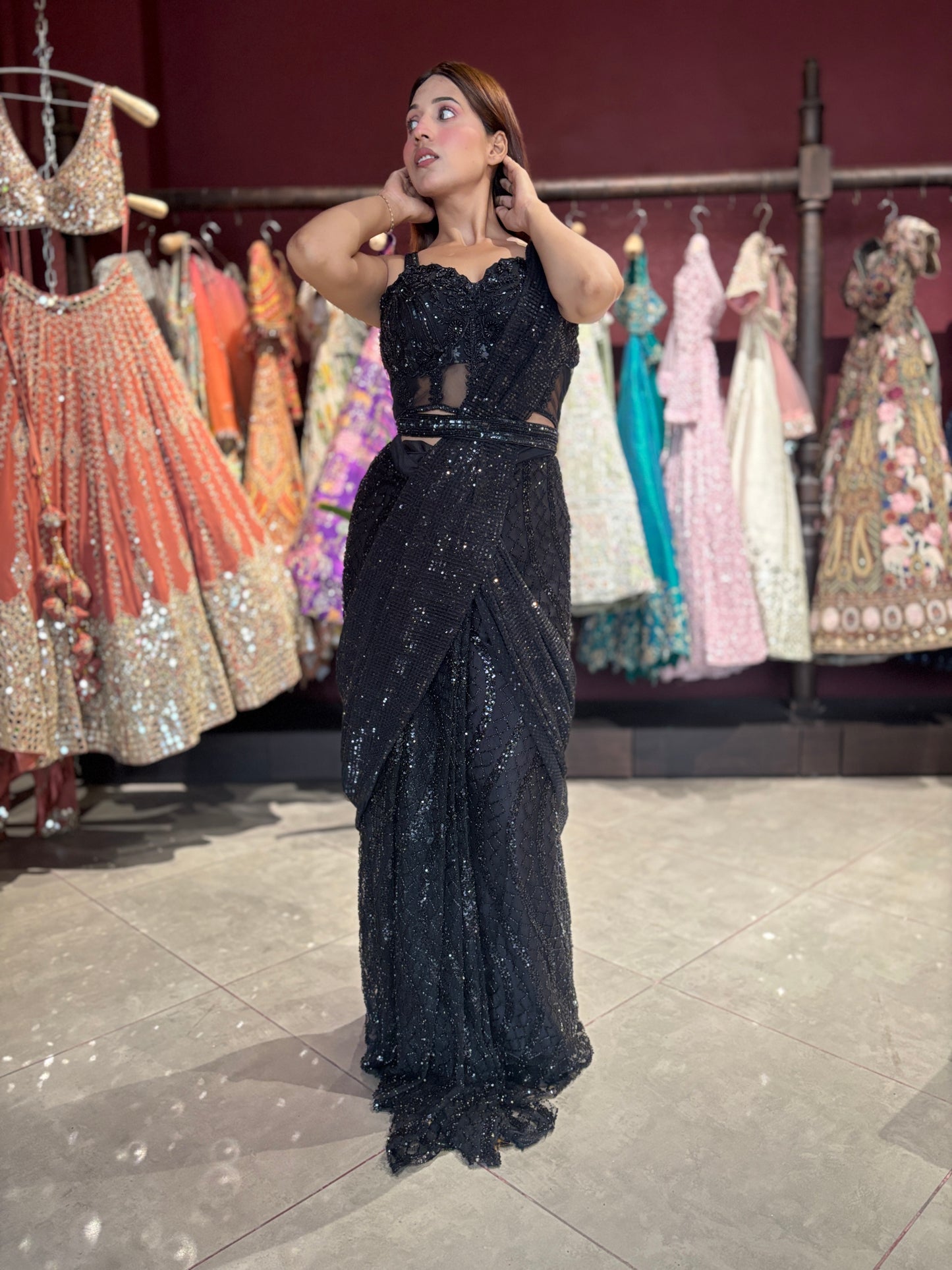 Midnight Black Sequined Ready-to-Wear Drape Saree with Designer Blouse