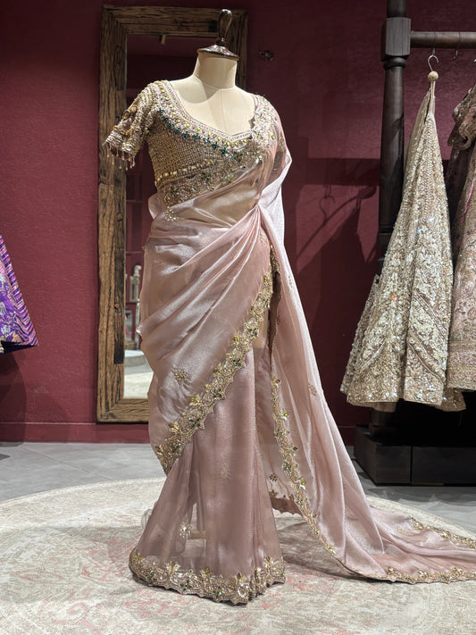 Elegant Blush Pink Designer Saree with Hand Embroidery & Stone Work Border