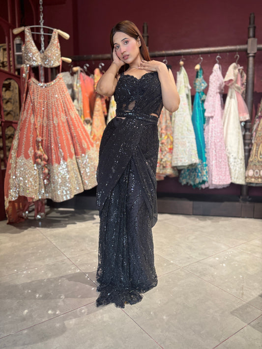 Midnight Black Sequined Ready-to-Wear Drape Saree with Designer Blouse