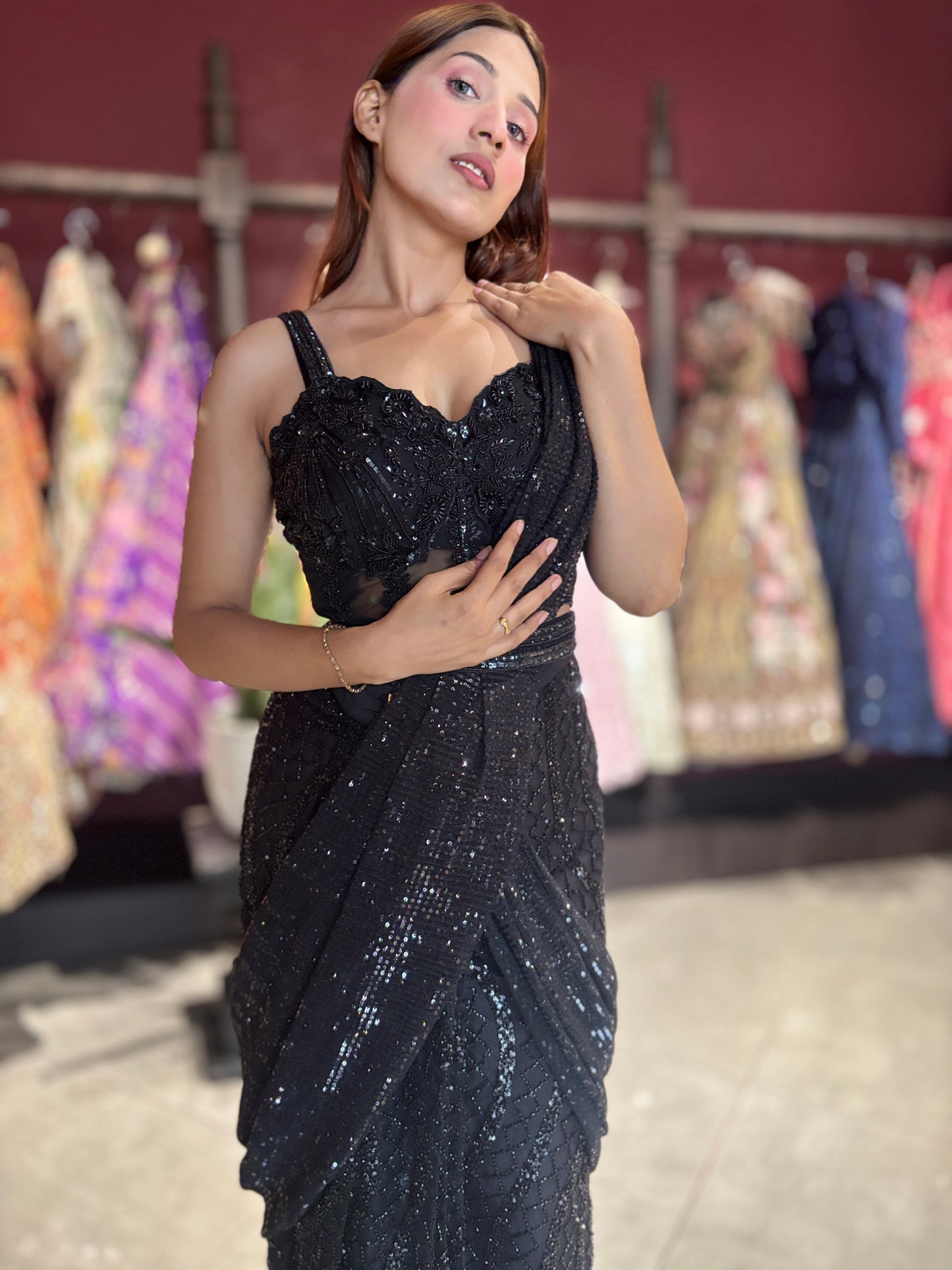 Midnight Black Sequined Ready-to-Wear Drape Saree with Designer Blouse