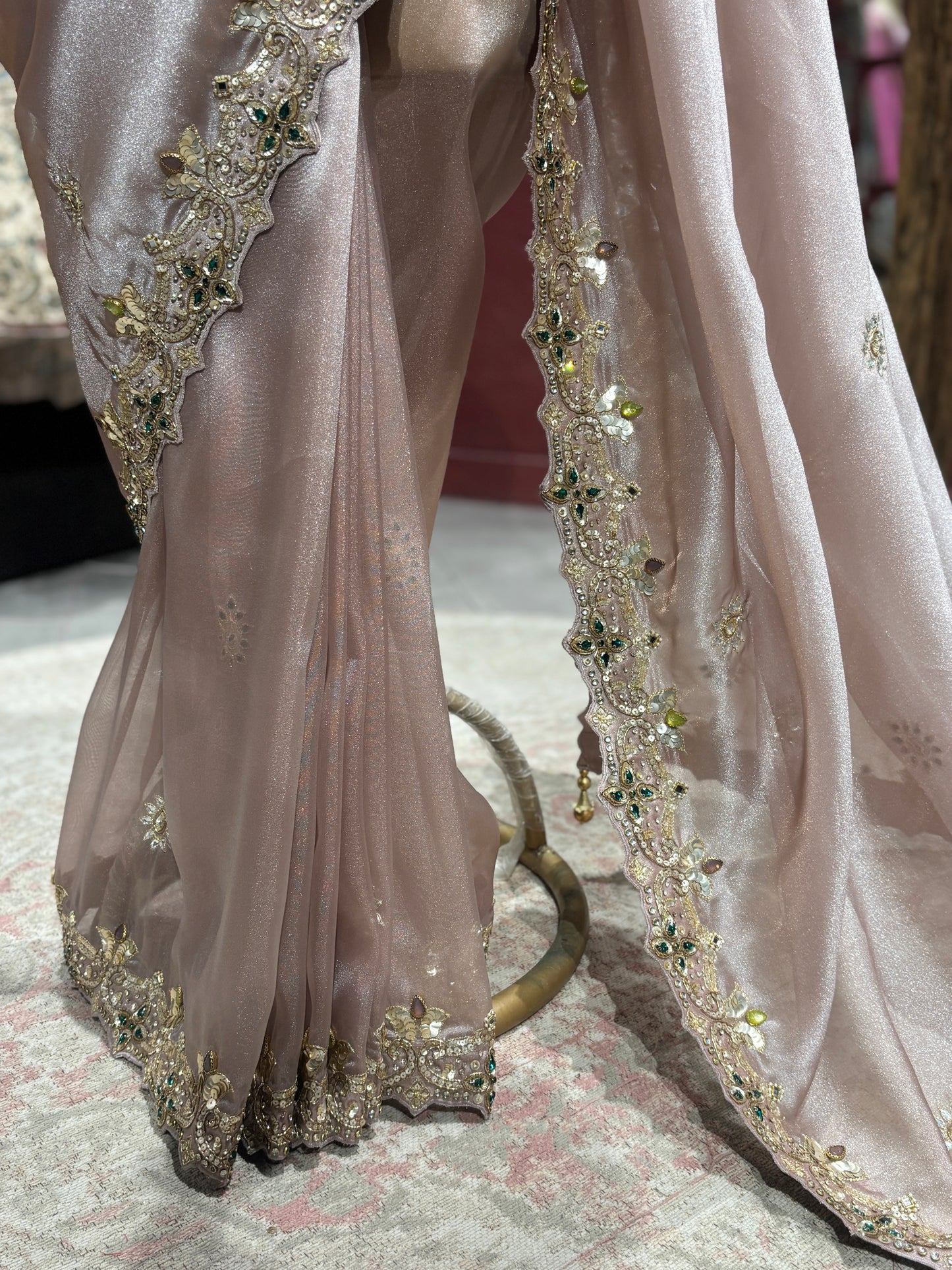 Elegant Blush Pink Designer Saree with Hand Embroidery & Stone Work Border