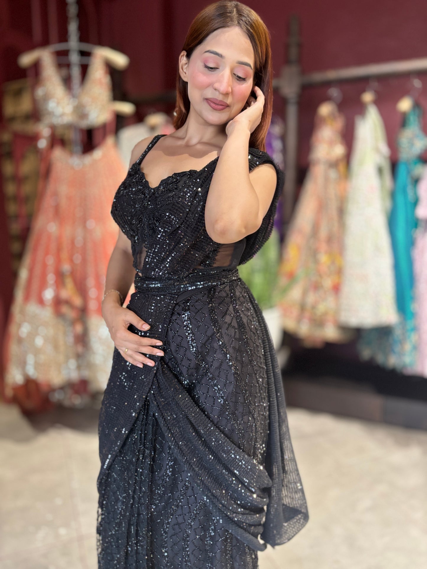 Midnight Black Sequined Ready-to-Wear Drape Saree with Designer Blouse