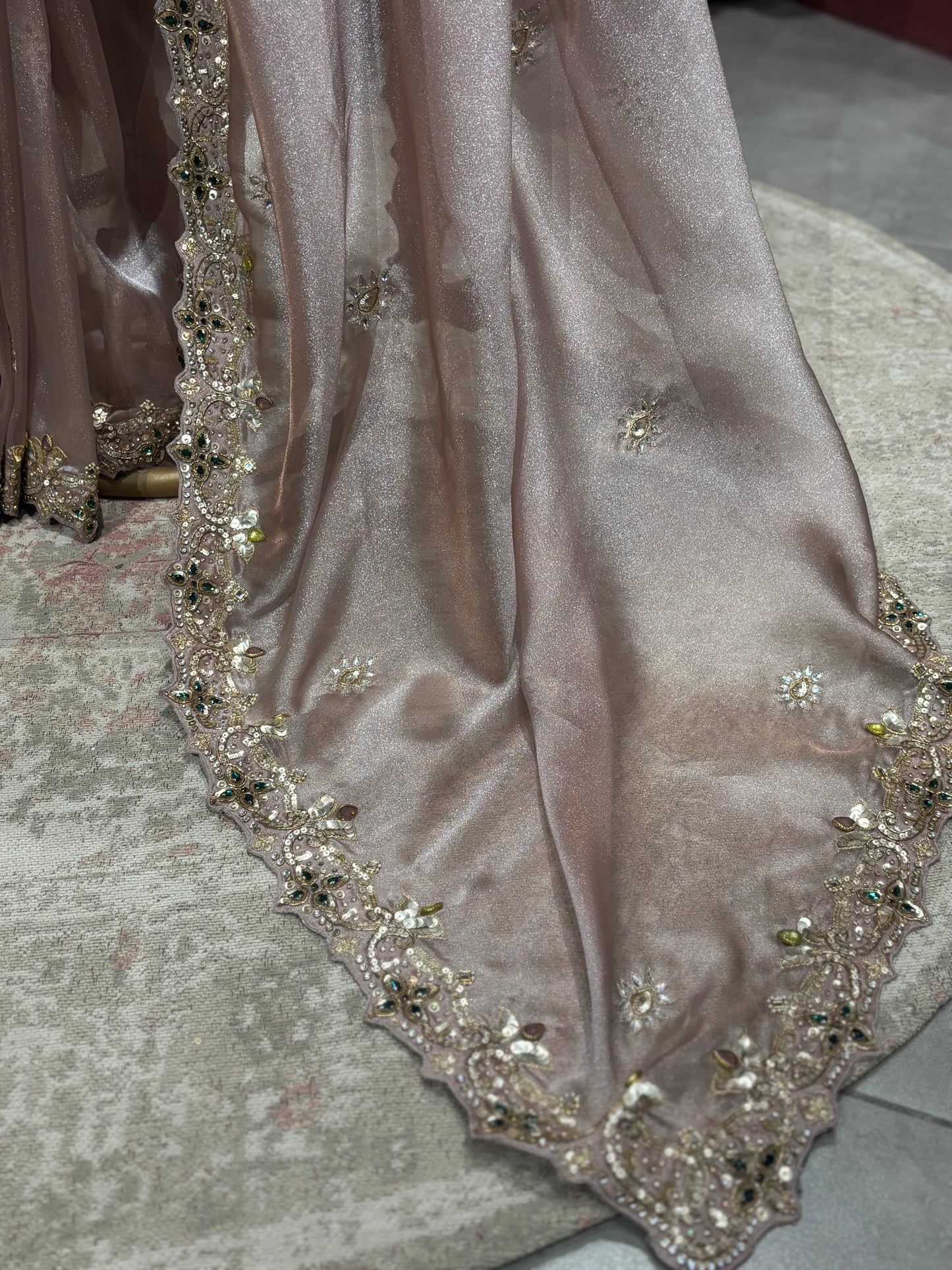 Elegant Blush Pink Designer Saree with Hand Embroidery & Stone Work Border