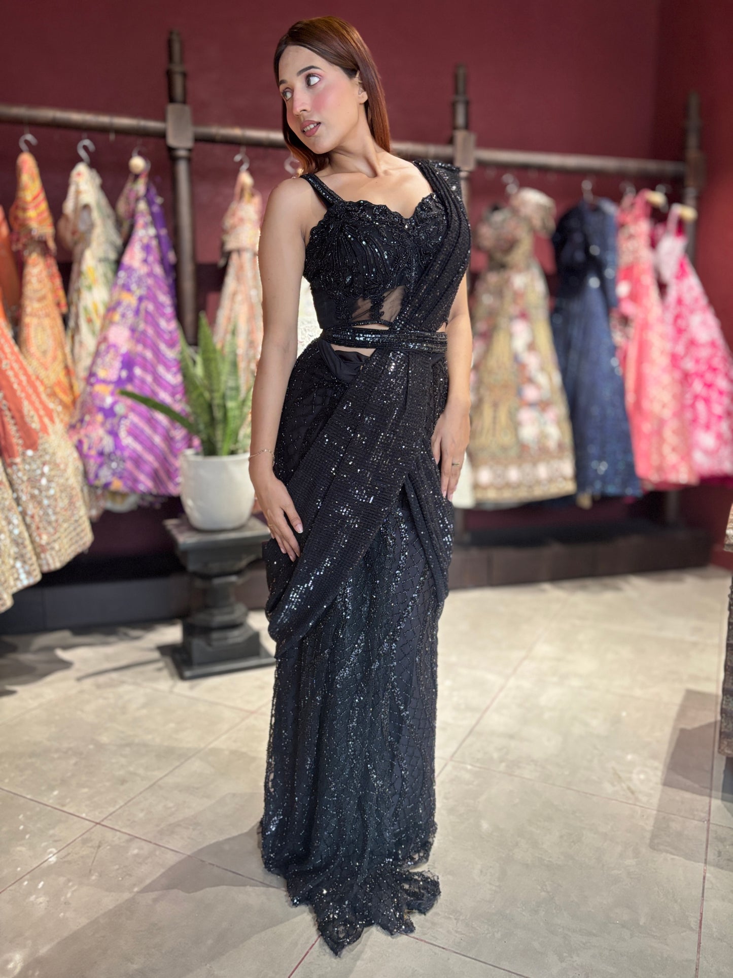 Midnight Black Sequined Ready-to-Wear Drape Saree with Designer Blouse