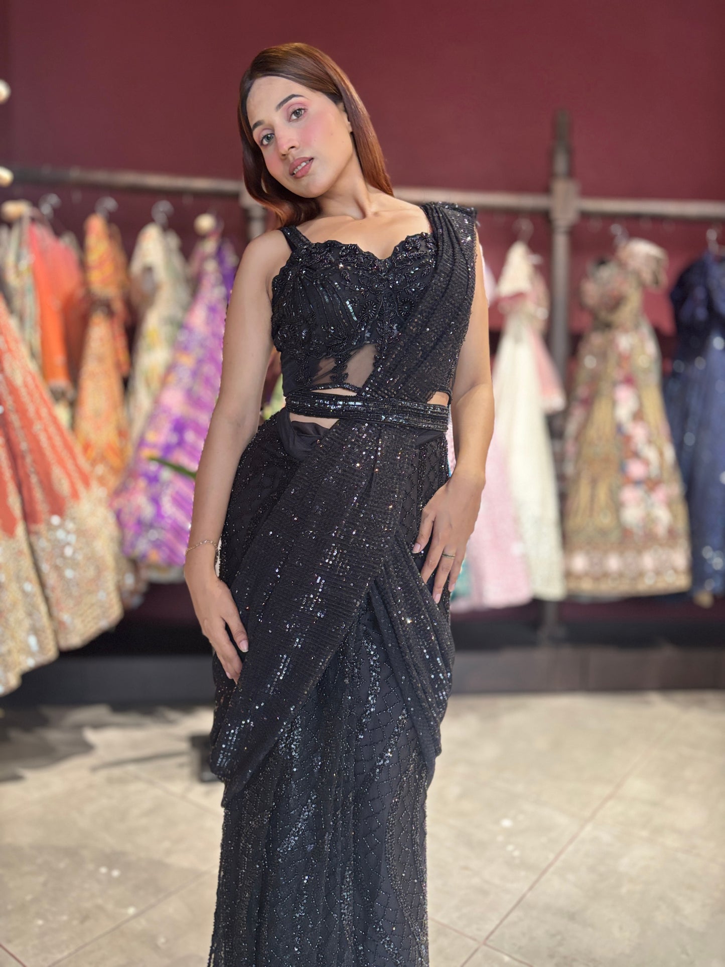 Midnight Black Sequined Ready-to-Wear Drape Saree with Designer Blouse