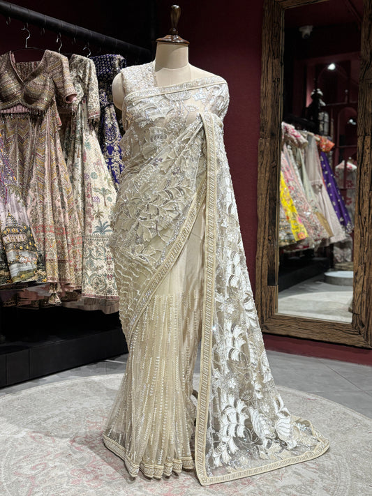 Luxury Ivory Designer Saree with Heavy Embroidery & Net Pallu