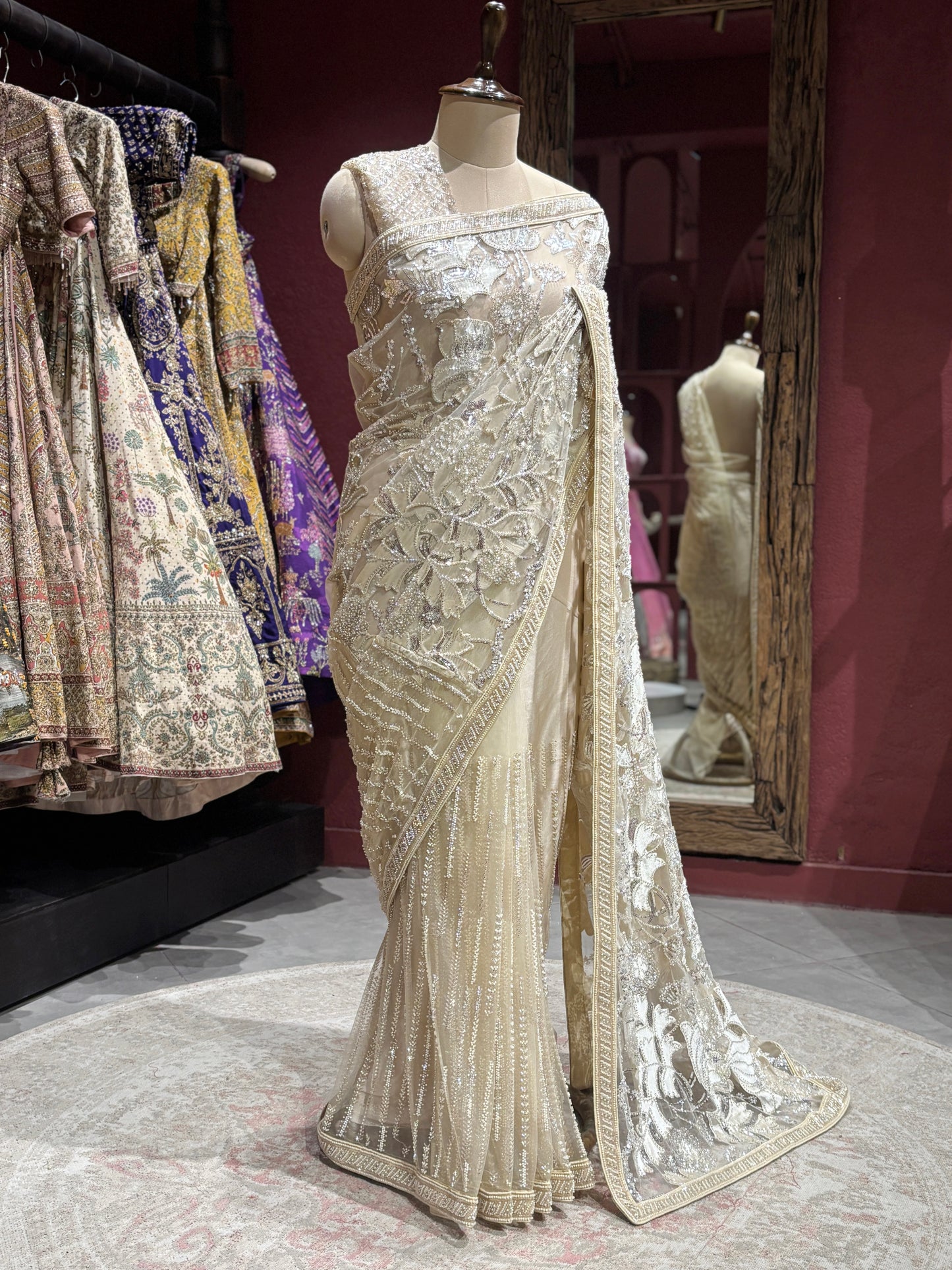 Luxury Ivory Designer Saree with Heavy Embroidery & Net Pallu