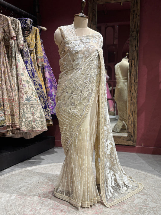 Luxury Ivory Designer Saree with Heavy Embroidery & Net Pallu