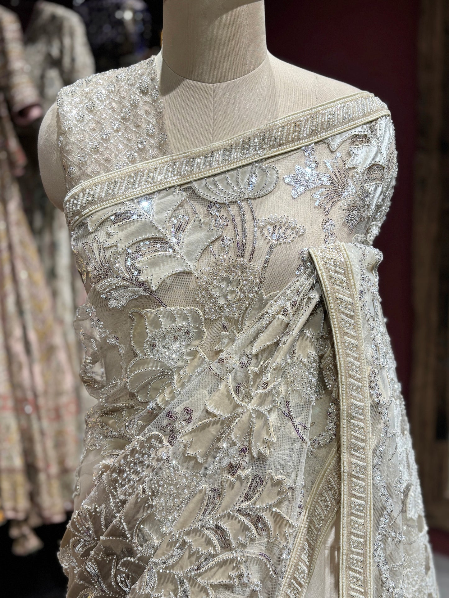 Luxury Ivory Designer Saree with Heavy Embroidery & Net Pallu