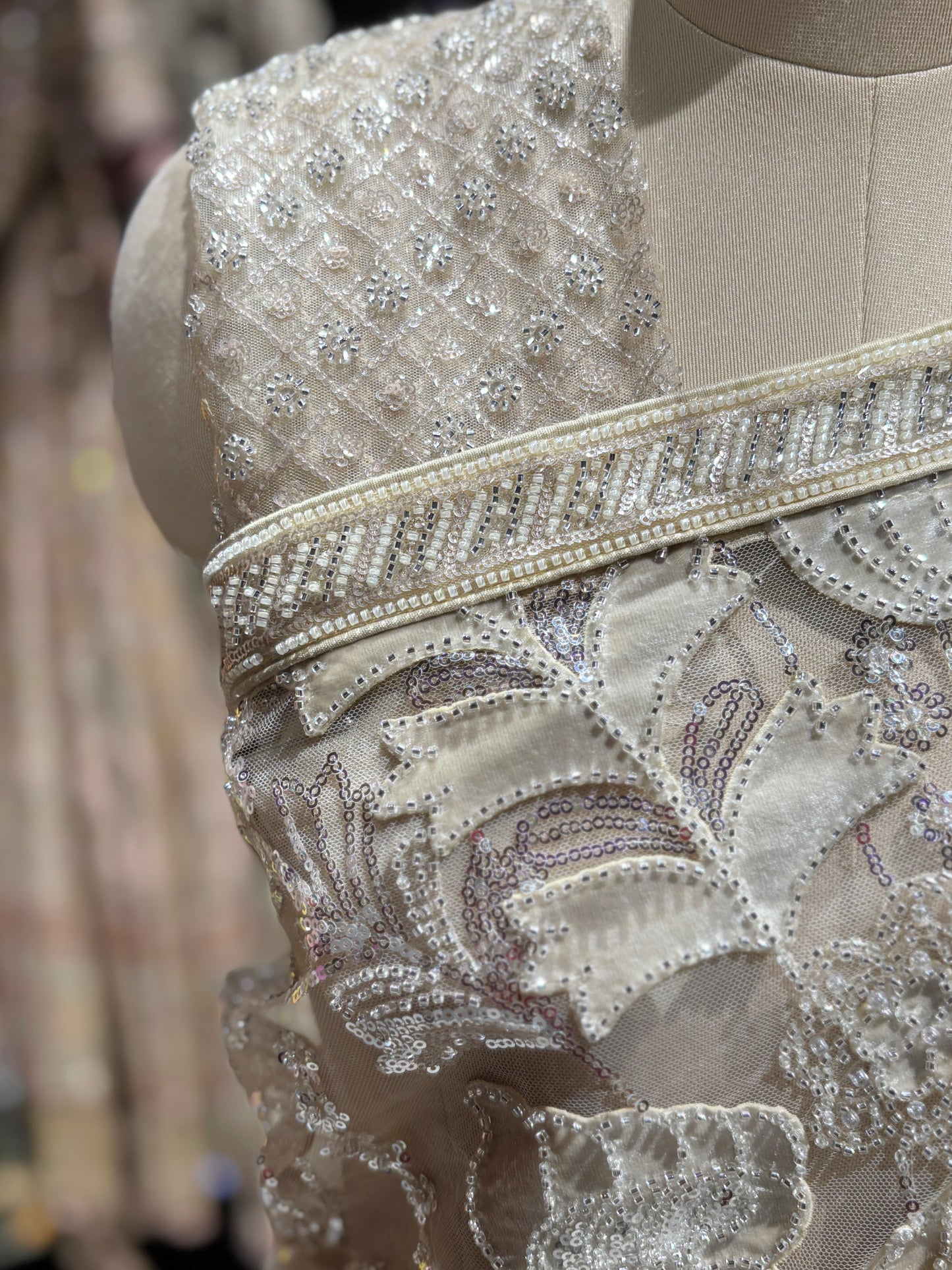 Luxury Ivory Designer Saree with Heavy Embroidery & Net Pallu