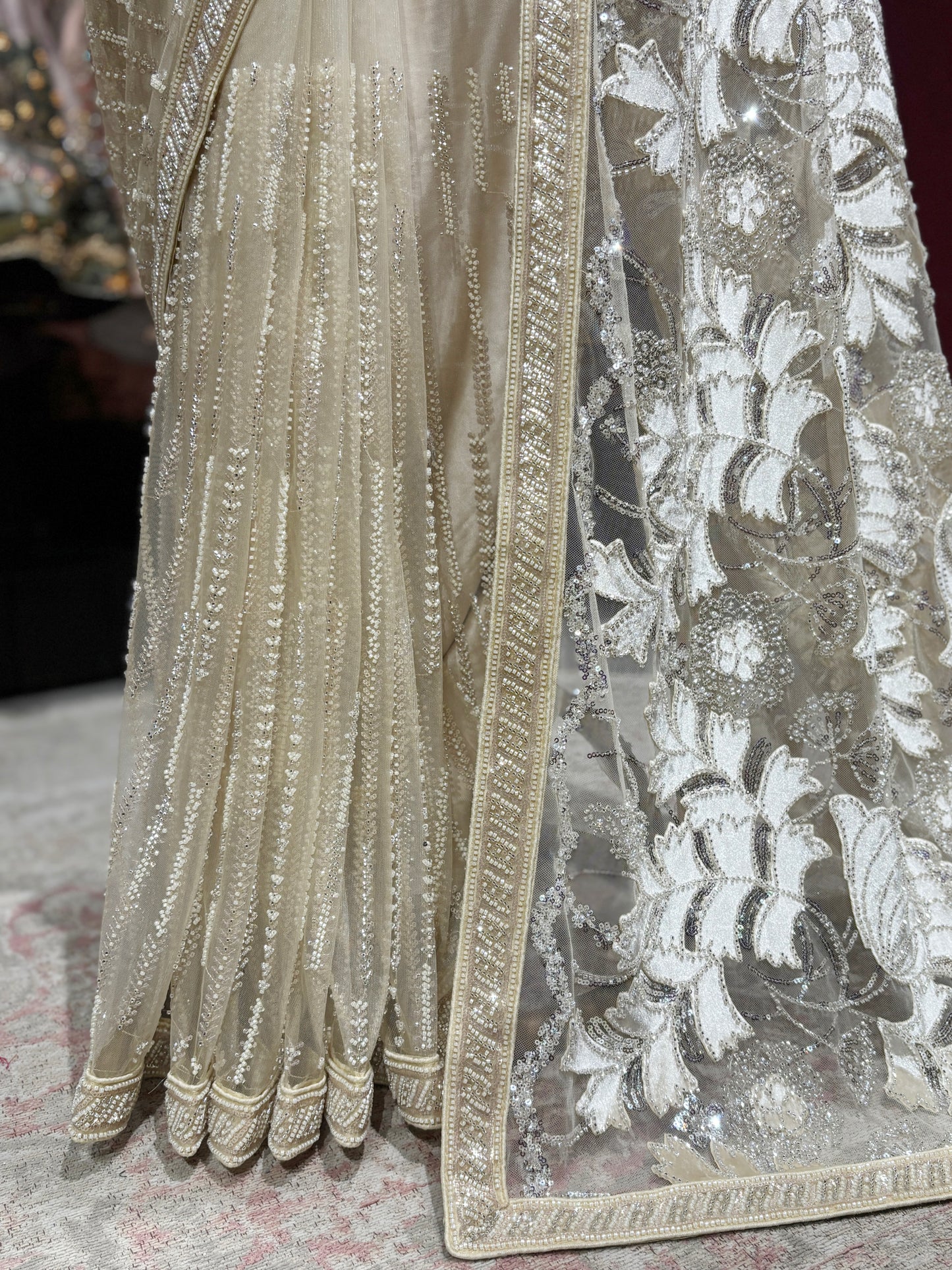 Luxury Ivory Designer Saree with Heavy Embroidery & Net Pallu