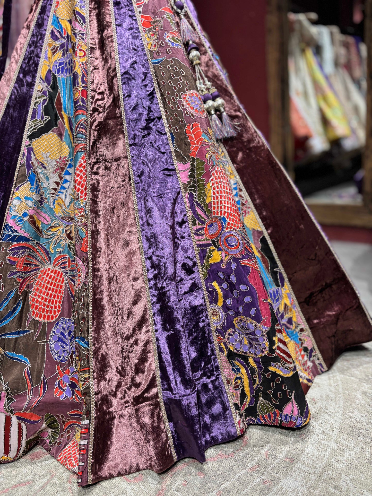 Velvet Lehenga Choli with Grand Blouse & Artistic Motif Panels