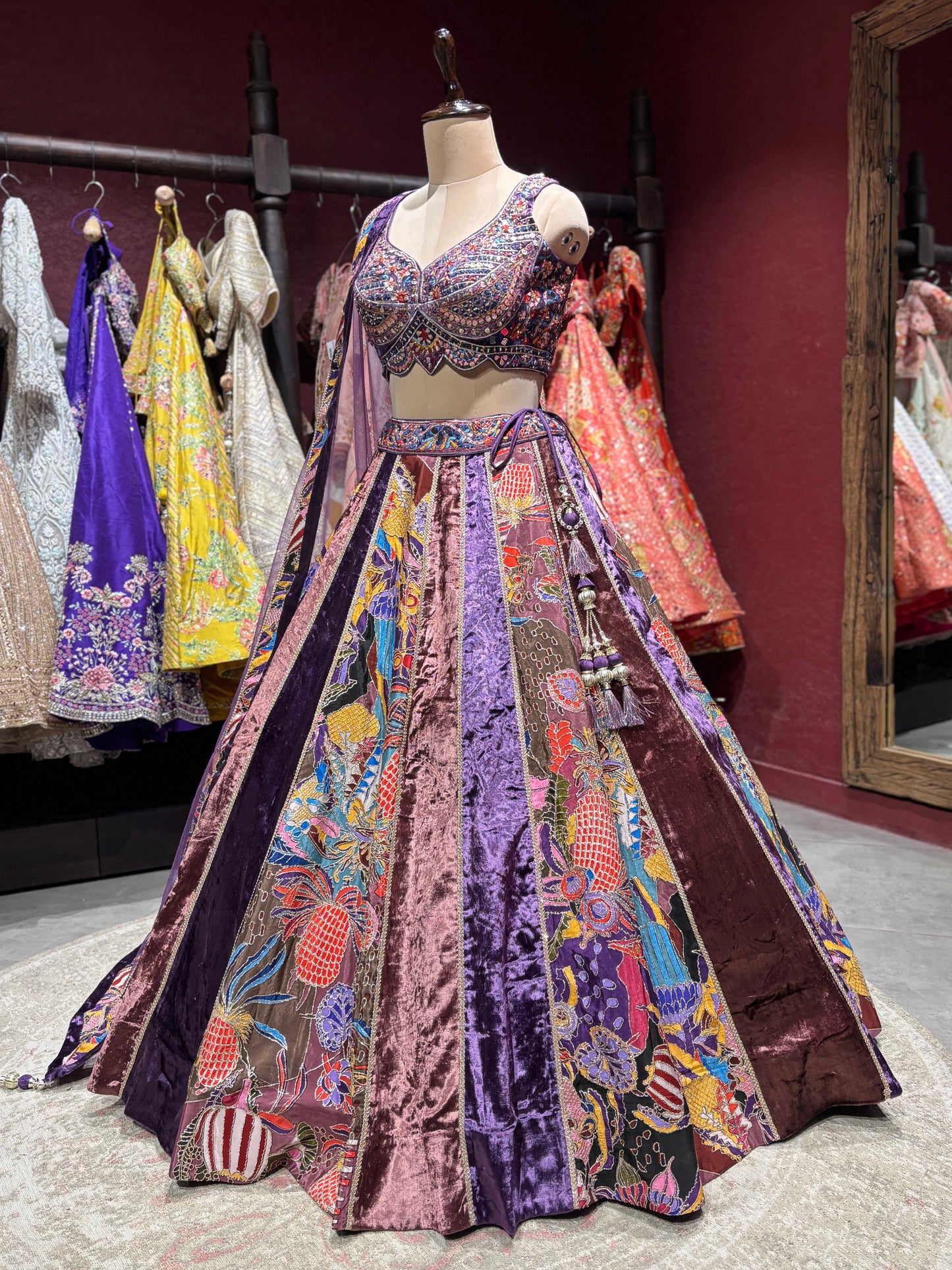 Velvet Lehenga Choli with Grand Blouse & Artistic Motif Panels