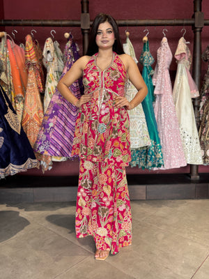 Floral Printed Sharara Set with Halter Neck Kurti Festive & Party Wear